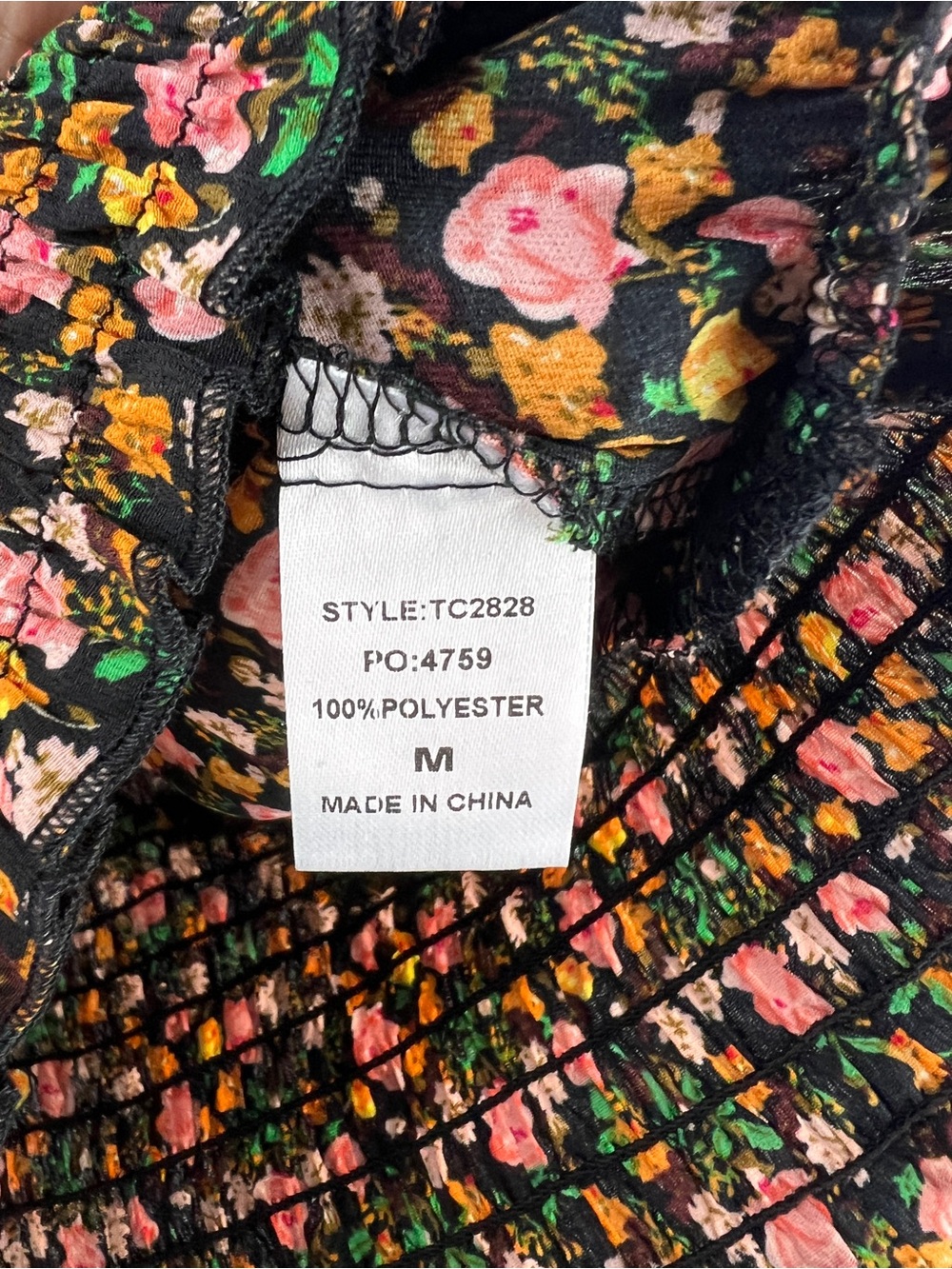 💚 3793. Floral Smocked Waist Ruffle Blouse - Black/Pink - Picture 7 of 8